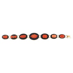 Vintage 1950s Style Sardinian Coral Animal & Leaf Onyx Panel Bracelet 14K Gold