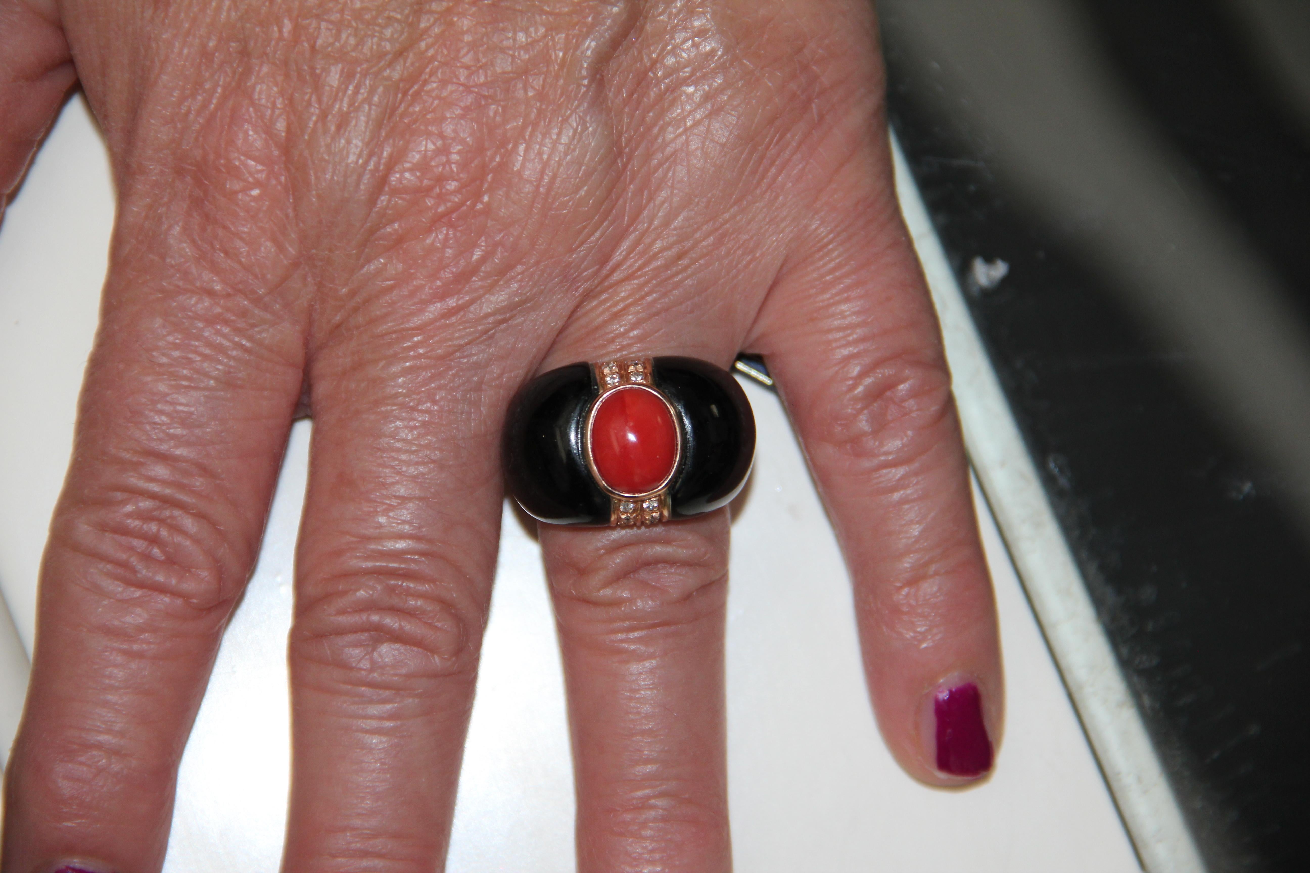 Handcraft Coral 14 Karat Yellow Gold Onyx Diamonds Cocktail Ring For Sale 8