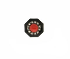 Handcraft Coral 14 Karat Yellow Gold Onyx Diamonds Cocktail Ring
