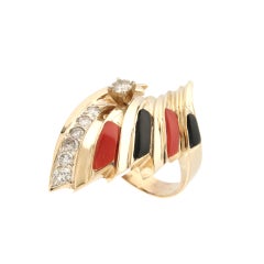 Handcraft Coral 14 Karat Yellow Gold Onyx Diamonds Cocktail Ring