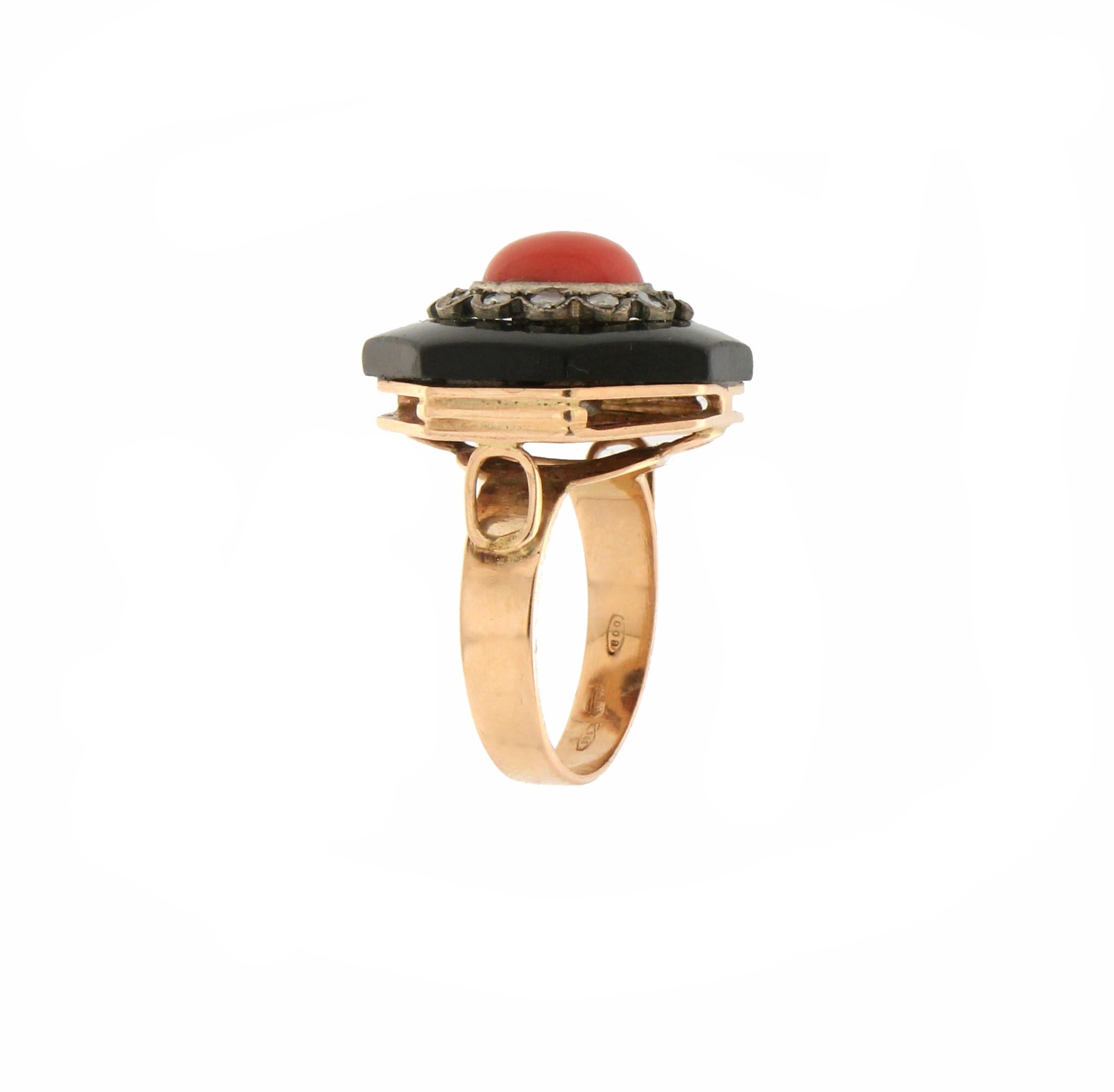 Artisan Handcraft Coral 14 Karat Yellow Gold Onyx Diamonds Cocktail Ring For Sale