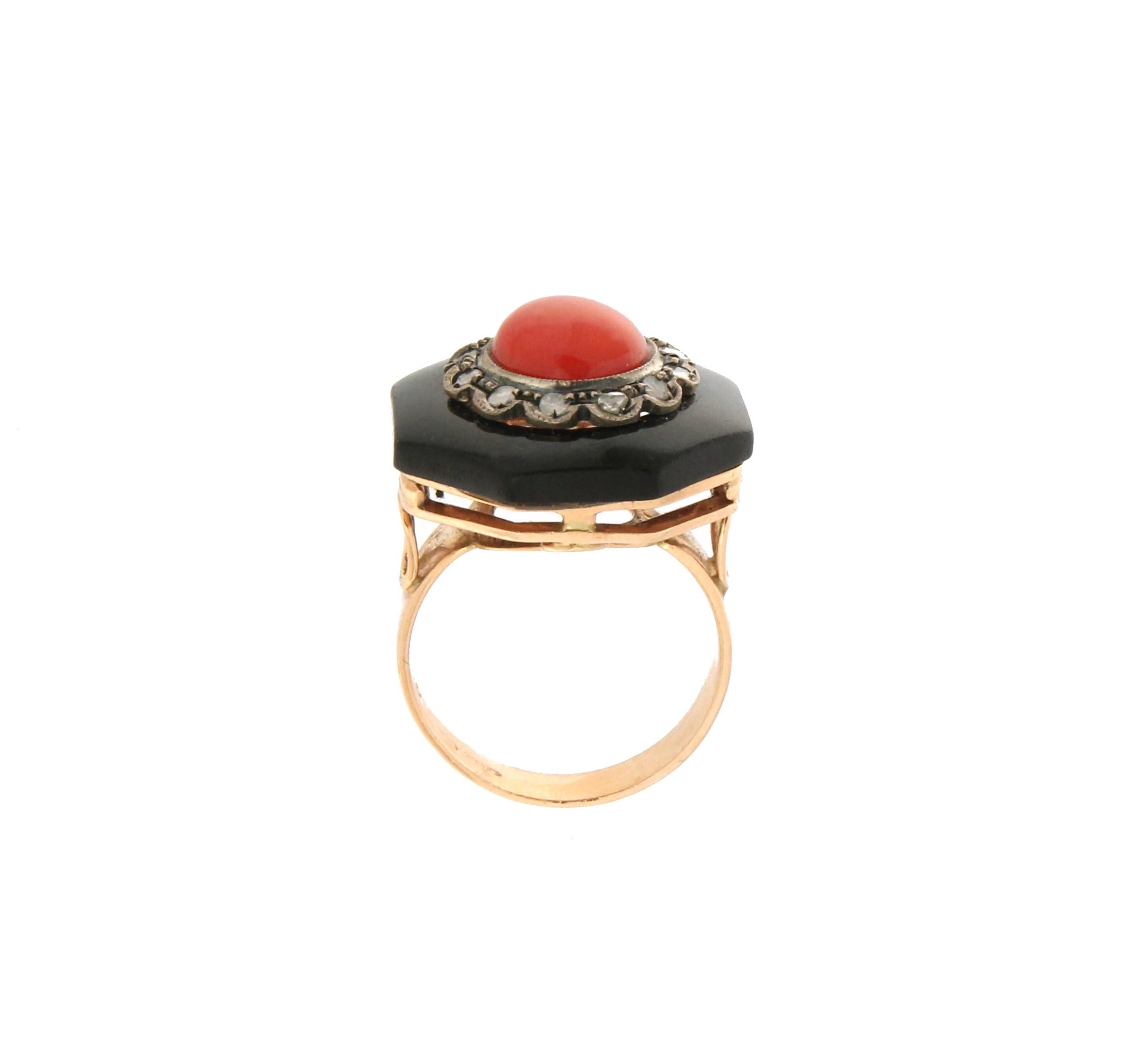 Rose Cut Handcraft Coral 14 Karat Yellow Gold Onyx Diamonds Cocktail Ring For Sale