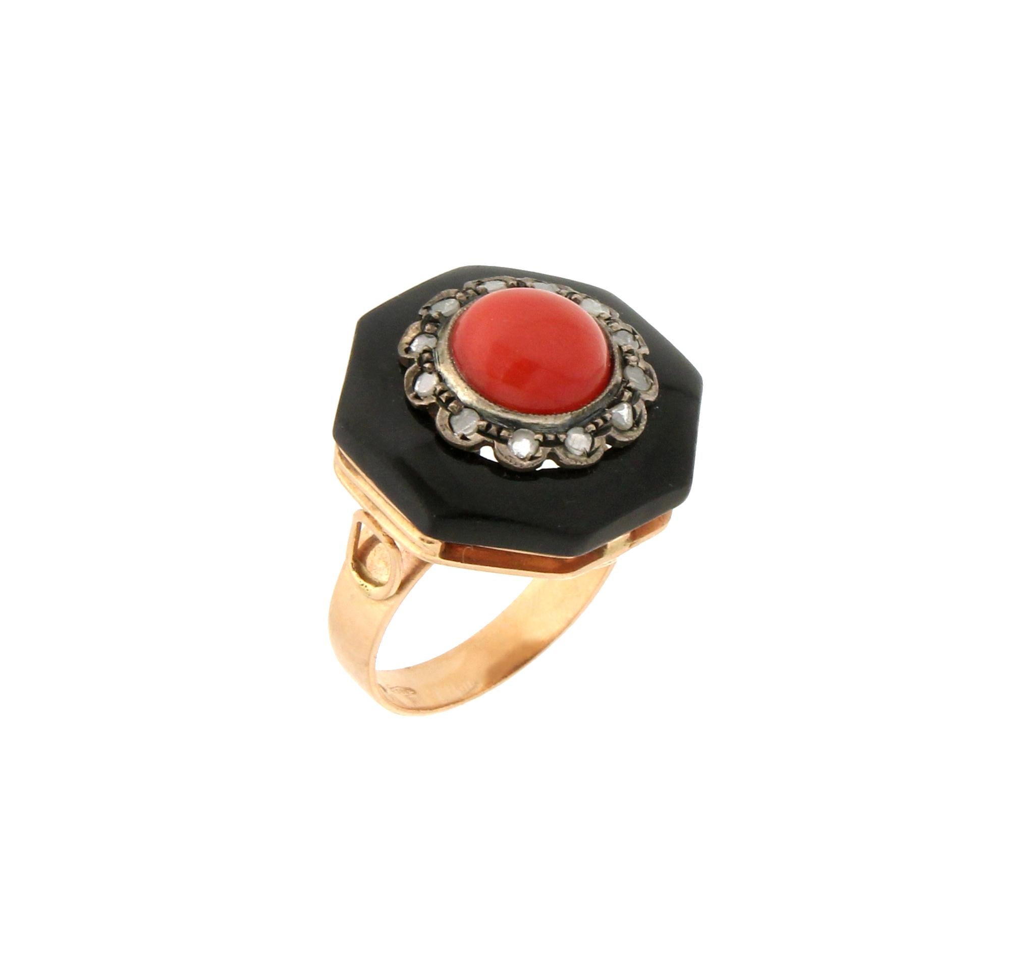 Women's Handcraft Coral 14 Karat Yellow Gold Onyx Diamonds Cocktail Ring For Sale