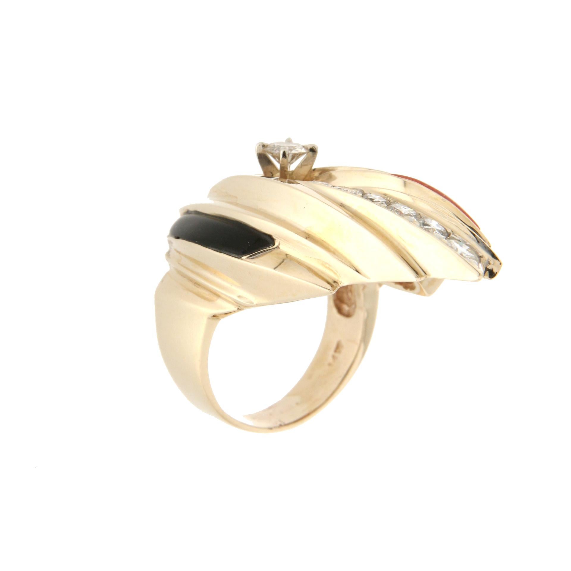 Handcraft Coral 14 Karat Yellow Gold Onyx Diamonds Cocktail Ring For Sale 2
