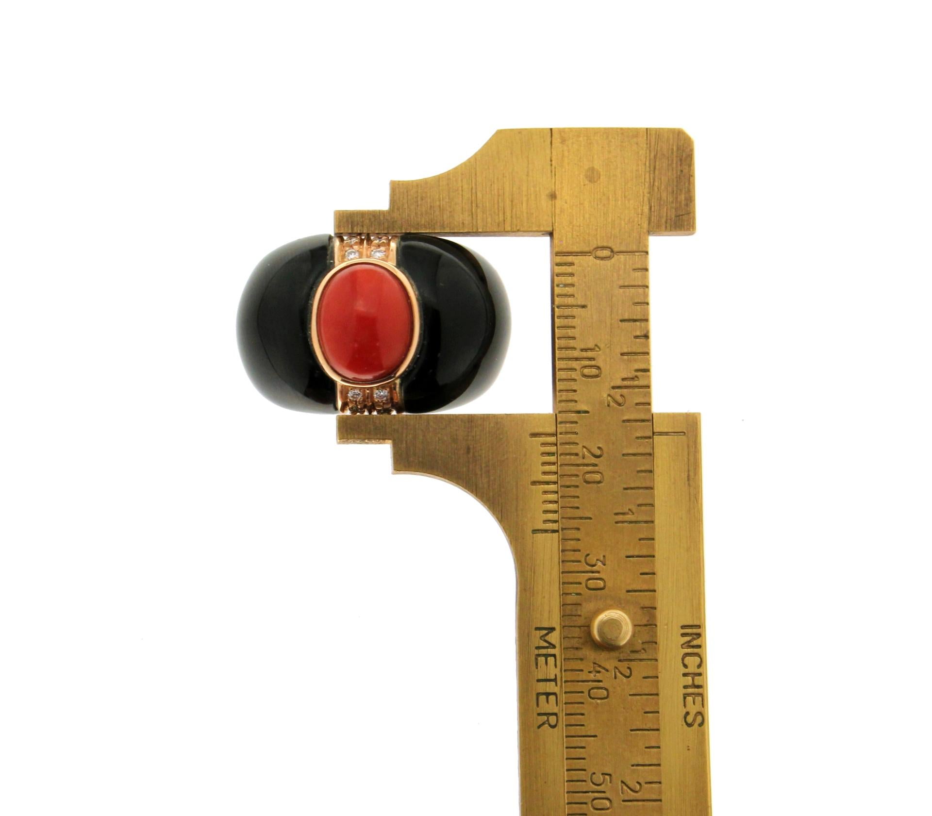 Handcraft Coral 14 Karat Yellow Gold Onyx Diamonds Cocktail Ring 3