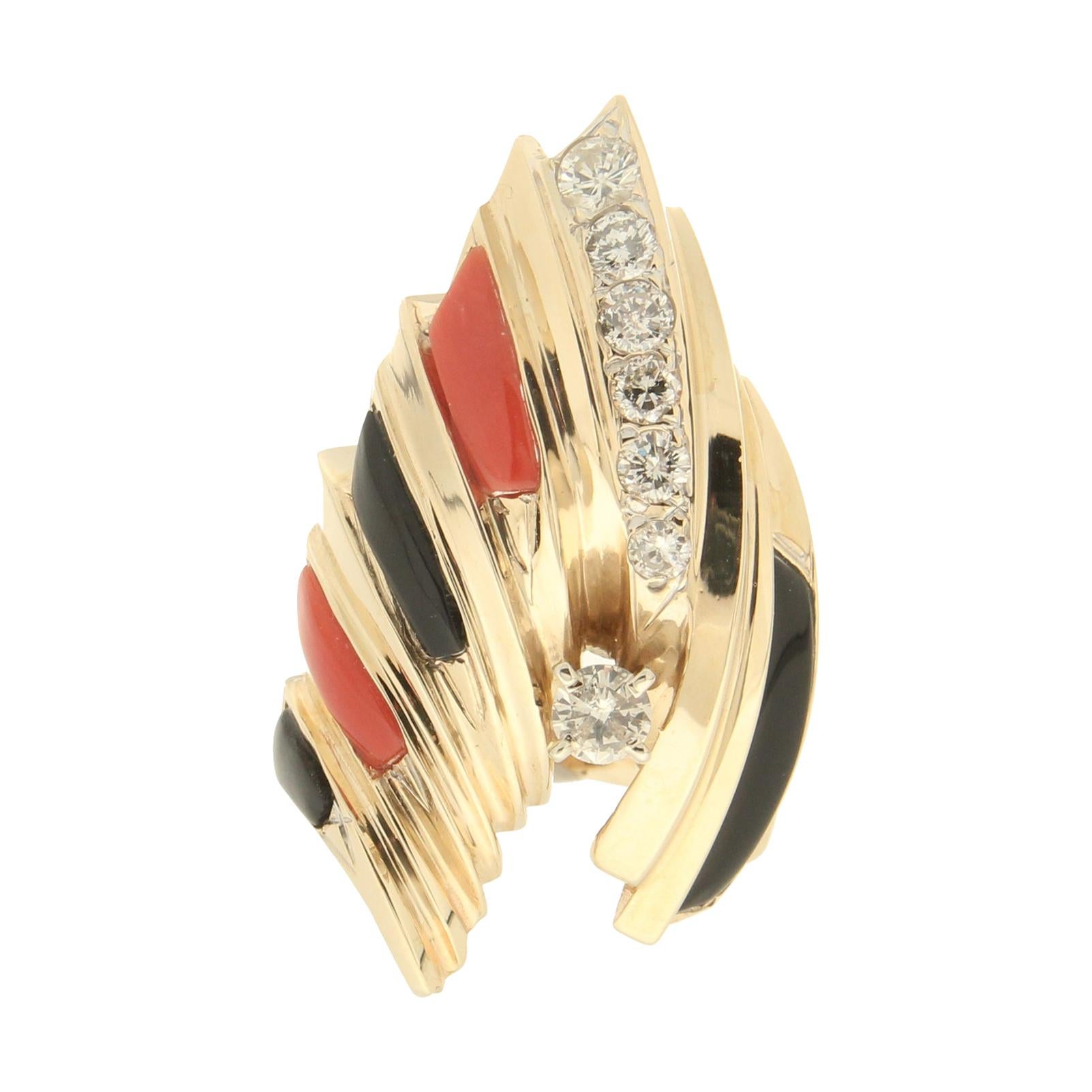 Handcraft Coral 14 Karat Yellow Gold Onyx Diamonds Cocktail Ring For Sale