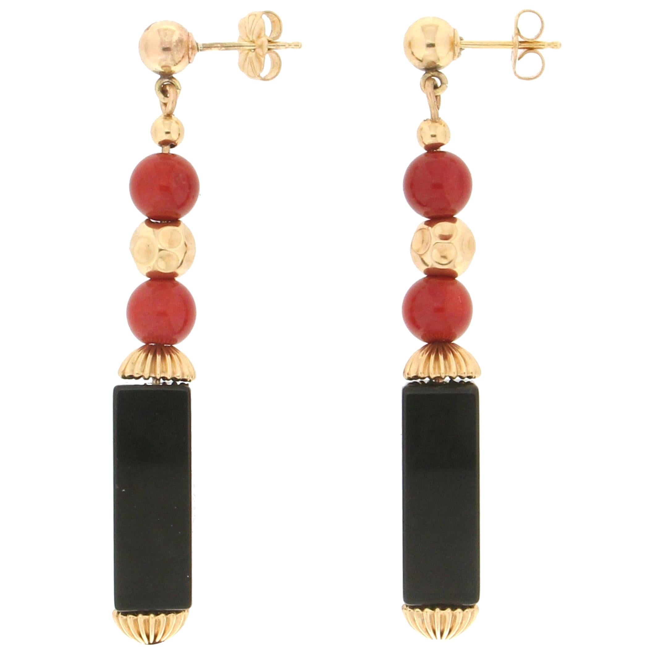 Handcraft Coral 14 Karat Yellow Gold Onyx Drop Earrings For Sale at 1stDibs