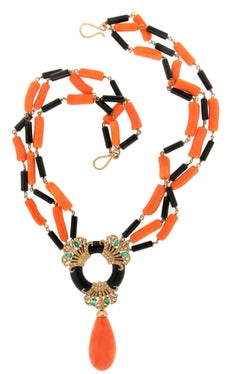 Handcraft Coral 14 Karat Yellow Gold Onyx Emerald Diamonds Drop Necklace