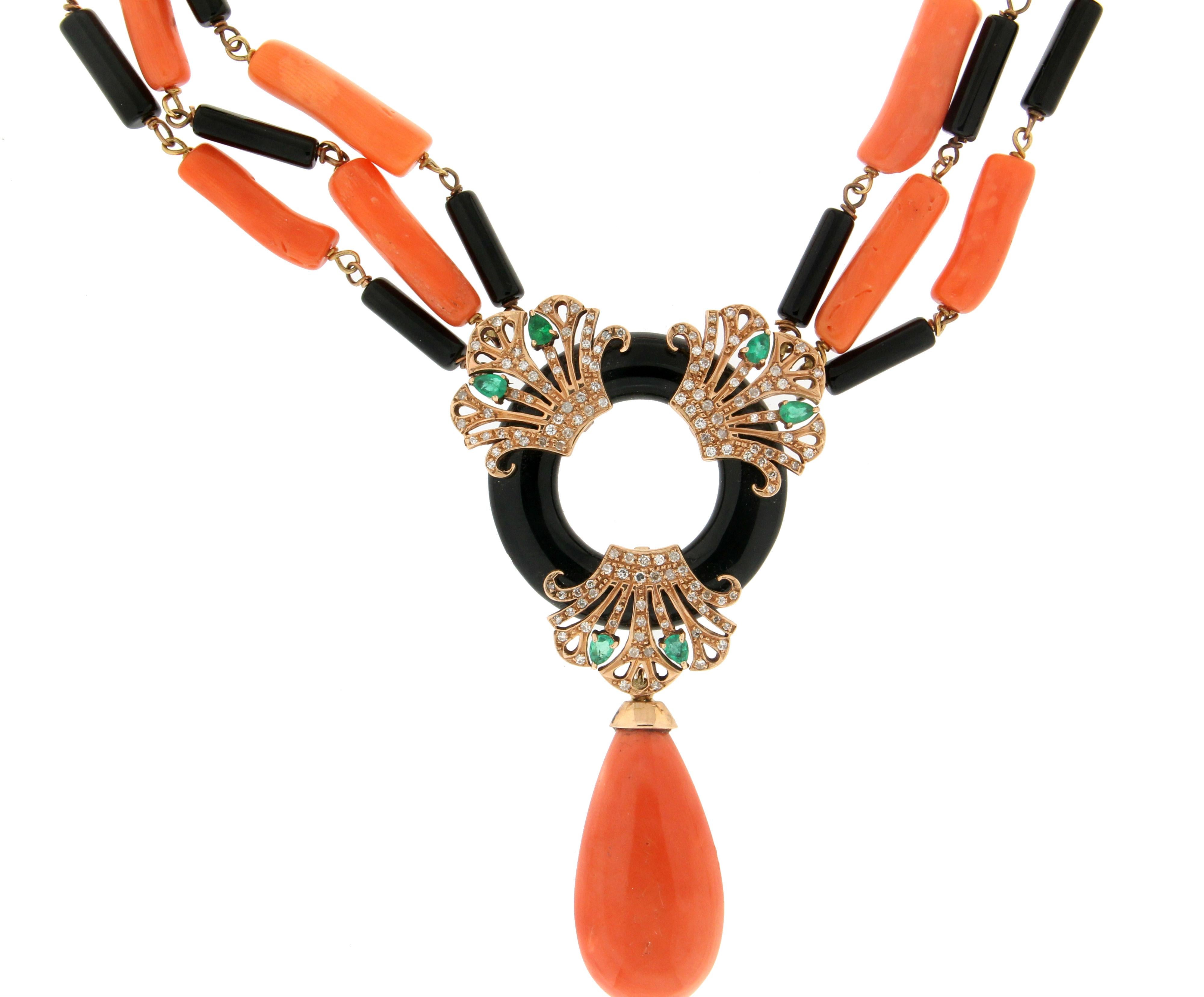 Brilliant Cut Handcraft Coral 14 Karat Yellow Gold Onyx Emerald Diamonds Drop Necklace For Sale