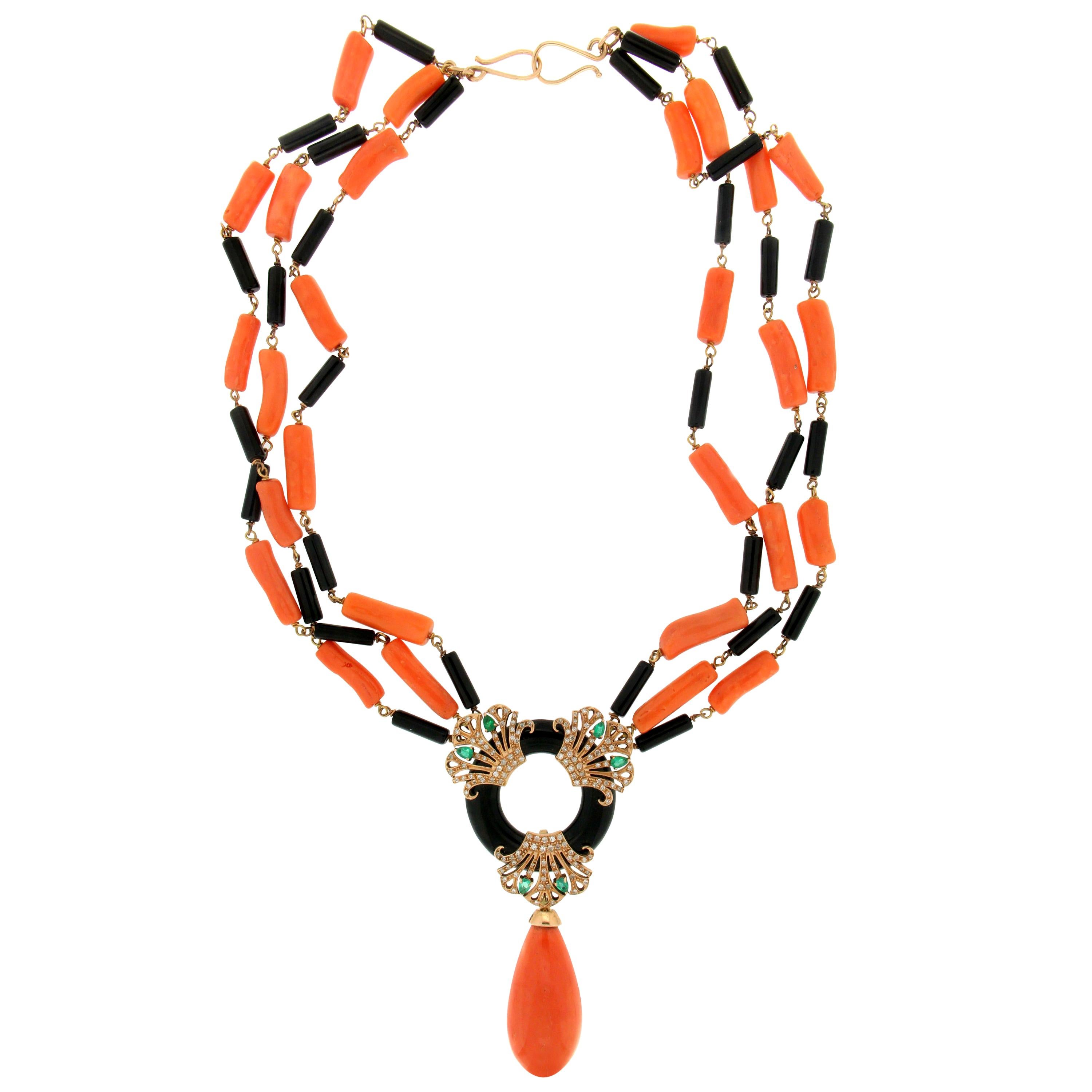 Handcraft Coral 14 Karat Yellow Gold Onyx Emerald Diamonds Drop Necklace For Sale