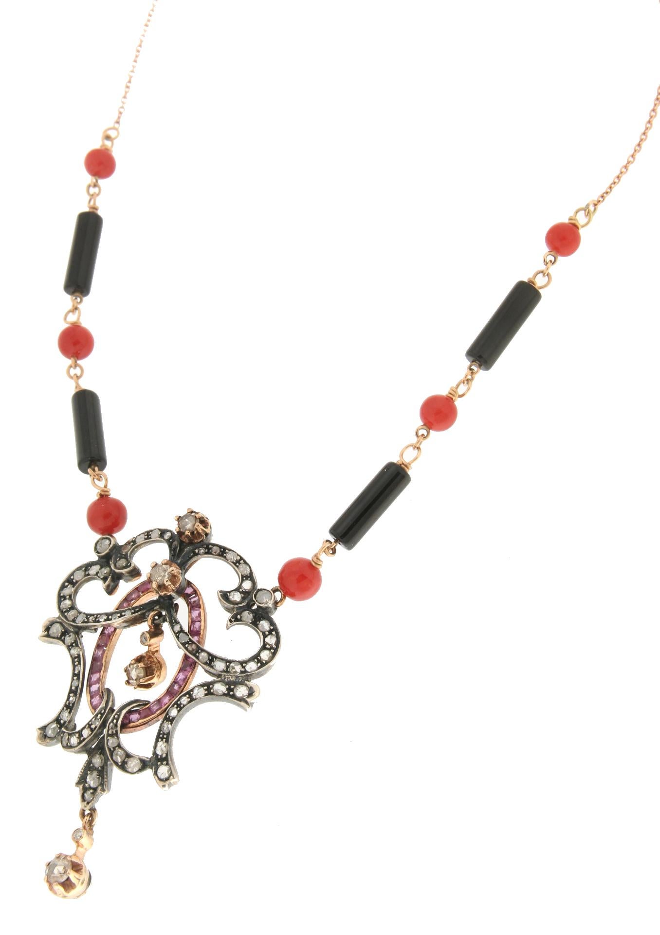 Artisan Handcraft Coral 14 Karat Yellow Gold Onyx Ruby Diamonds Pendant Necklace For Sale