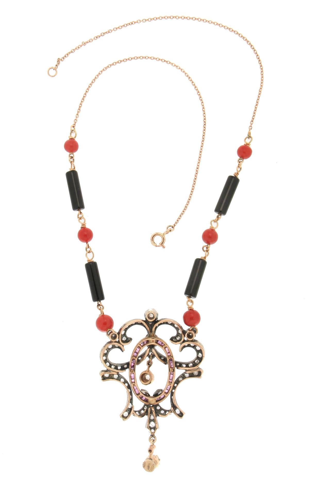 Mixed Cut Handcraft Coral 14 Karat Yellow Gold Onyx Ruby Diamonds Pendant Necklace For Sale