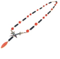 Handcraft Coral 14 Karat Yellow Gold Precious Stones Diamonds Pendant Necklace