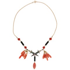 Handcraft Coral 14 Karat Yellow Gold Precious Stones Diamonds Pendant Necklace