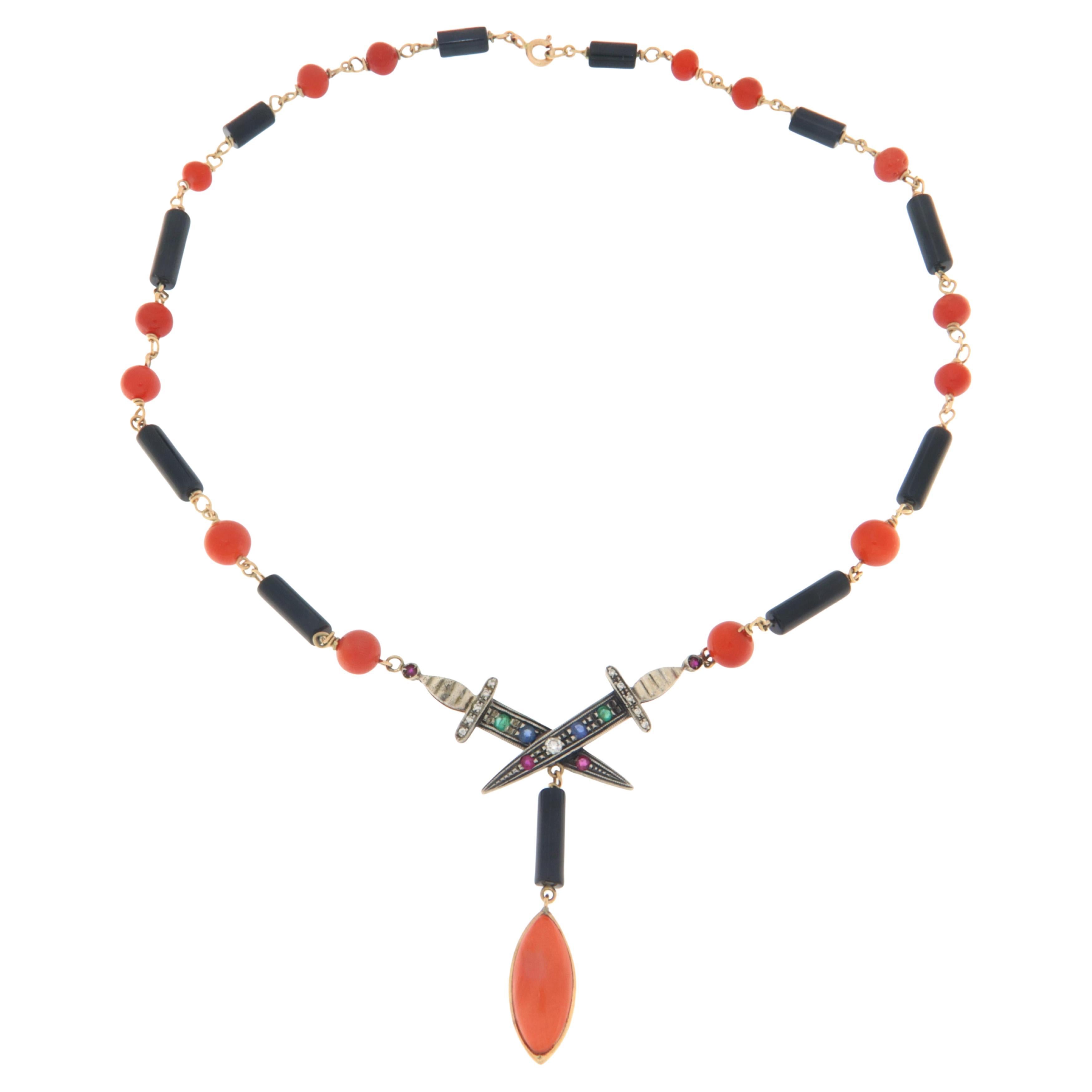 Handcraft Coral 14 Karat Yellow Gold Precious Stones Diamonds Pendant Necklace