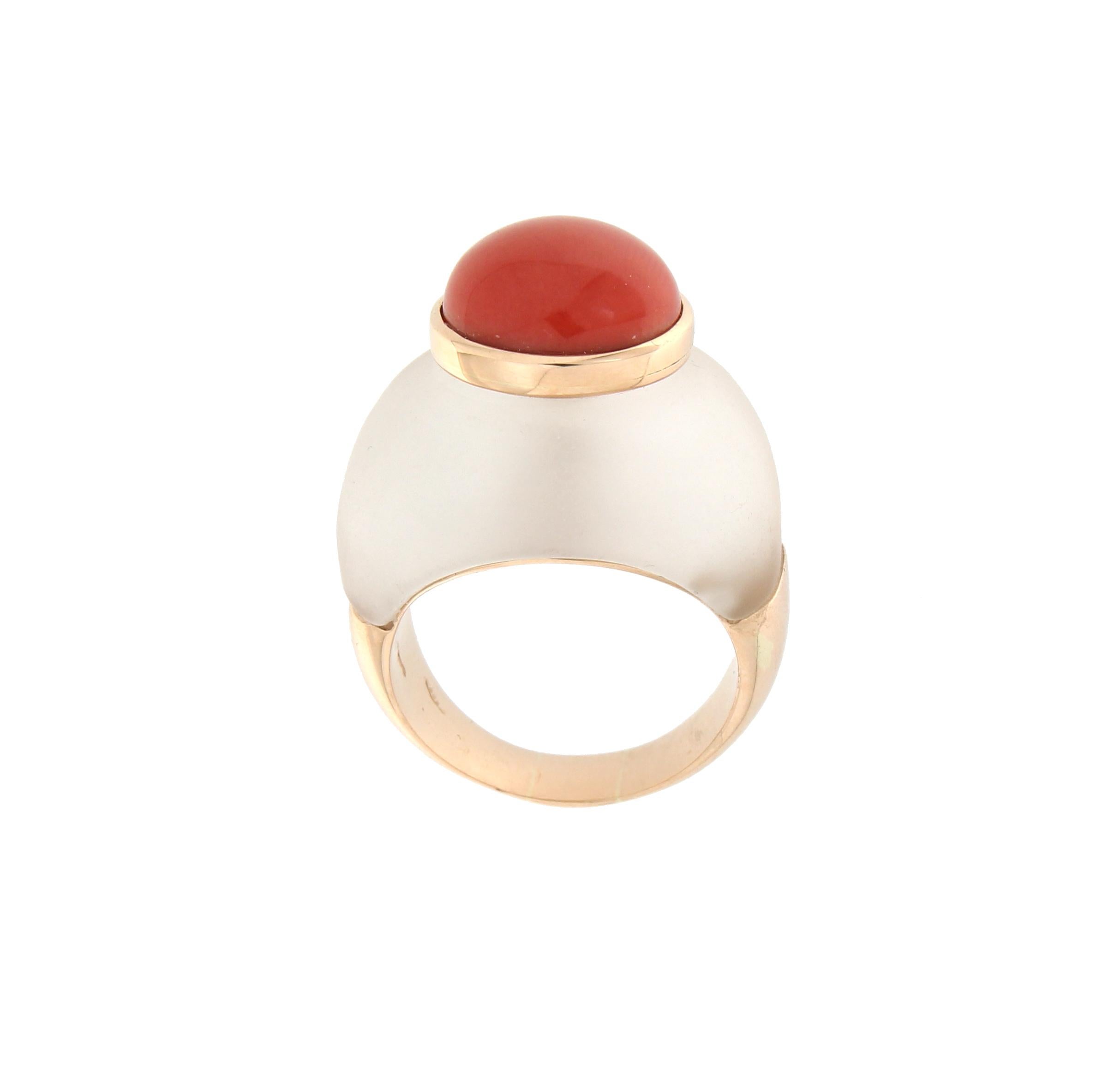 Round Cut Handcraft Coral 14 Karat Yellow Gold Rock Crystal Cocktail Ring For Sale