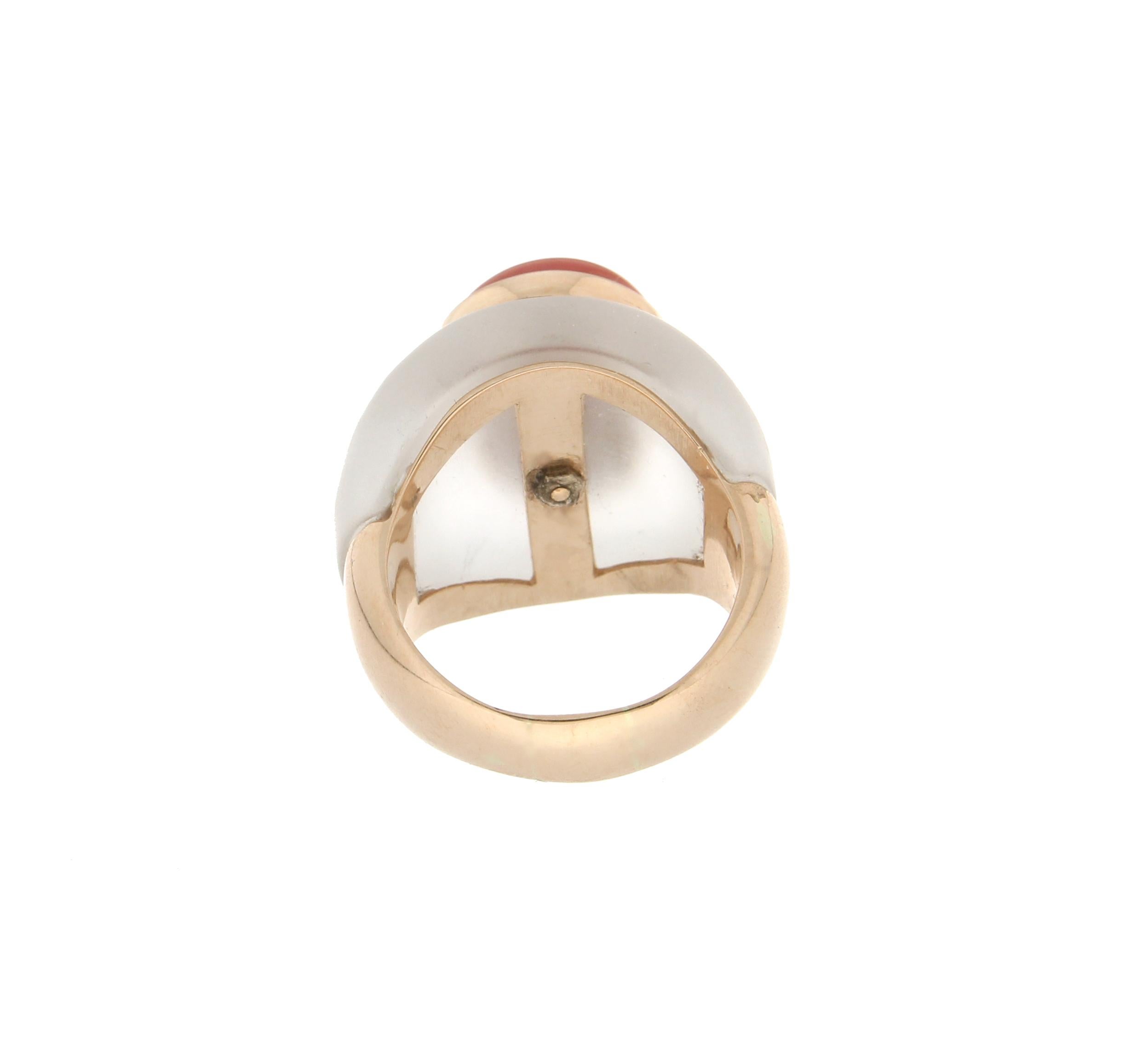 Women's Handcraft Coral 14 Karat Yellow Gold Rock Crystal Cocktail Ring For Sale