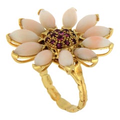 Handcraft Coral 14 Karat Yellow Gold Ruby Cocktail Ring