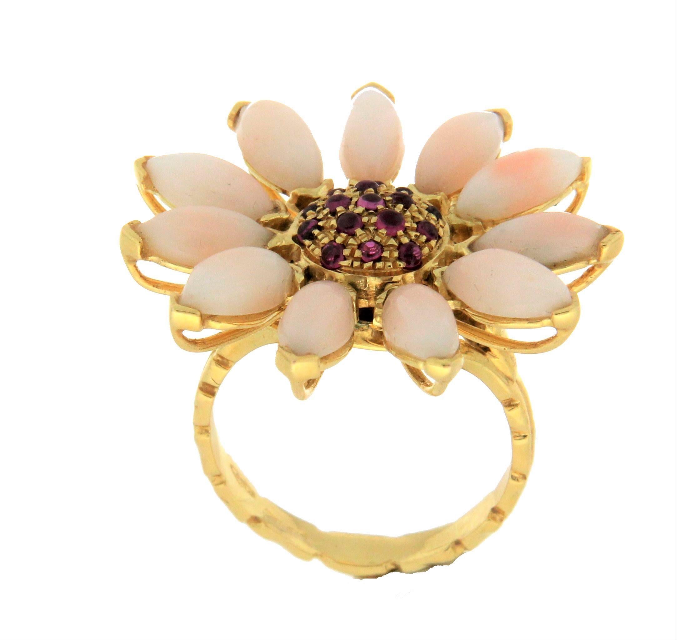 Artisan Handcraft Coral 14 Karat Yellow Gold Ruby Cocktail Ring For Sale