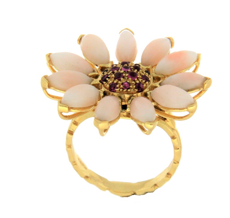 Handcraft Coral 14 Karat Yellow Gold Ruby Cocktail Ring For Sale at 1stDibs