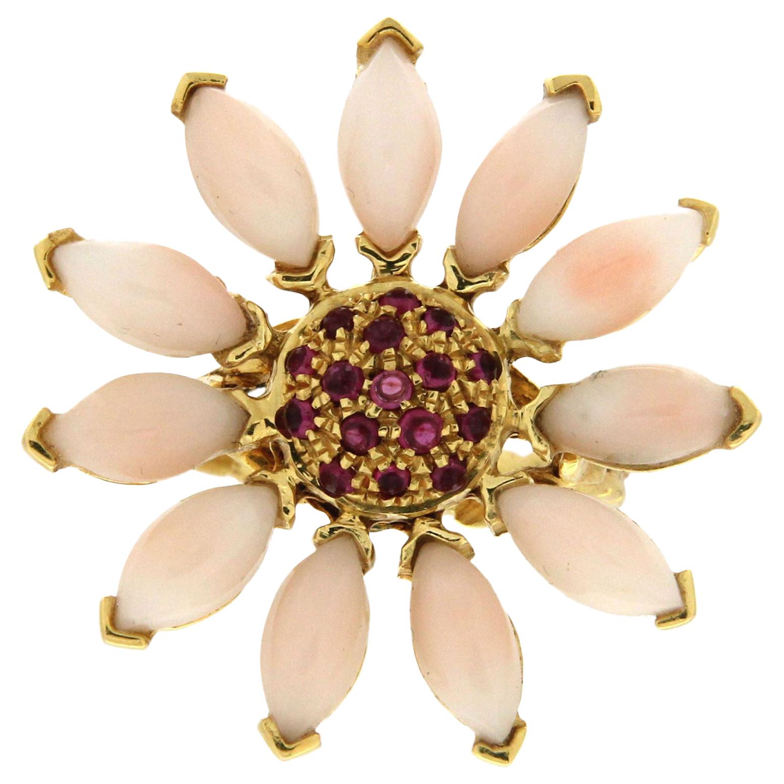 Handcraft Coral 14 Karat Yellow Gold Ruby Cocktail Ring For Sale