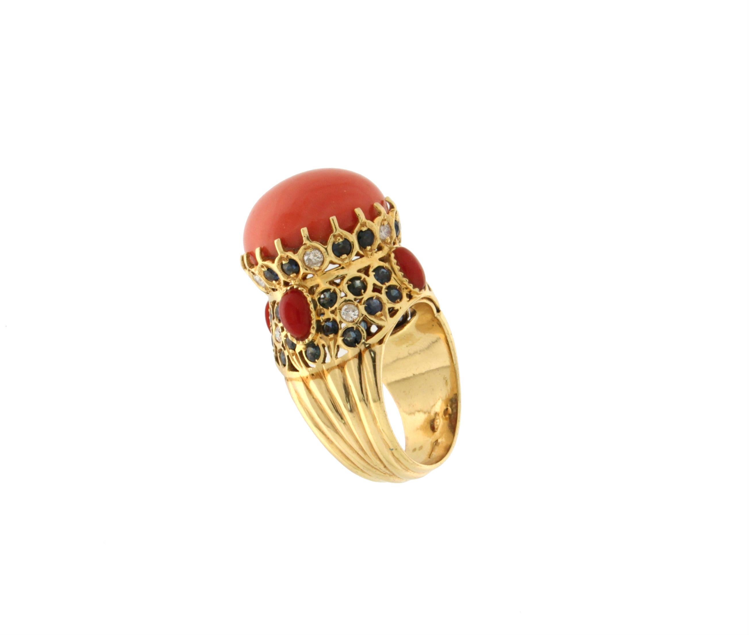 Artisan Handcraft Coral 14 Karat Yellow Gold Sapphires Diamonds Cocktail Ring