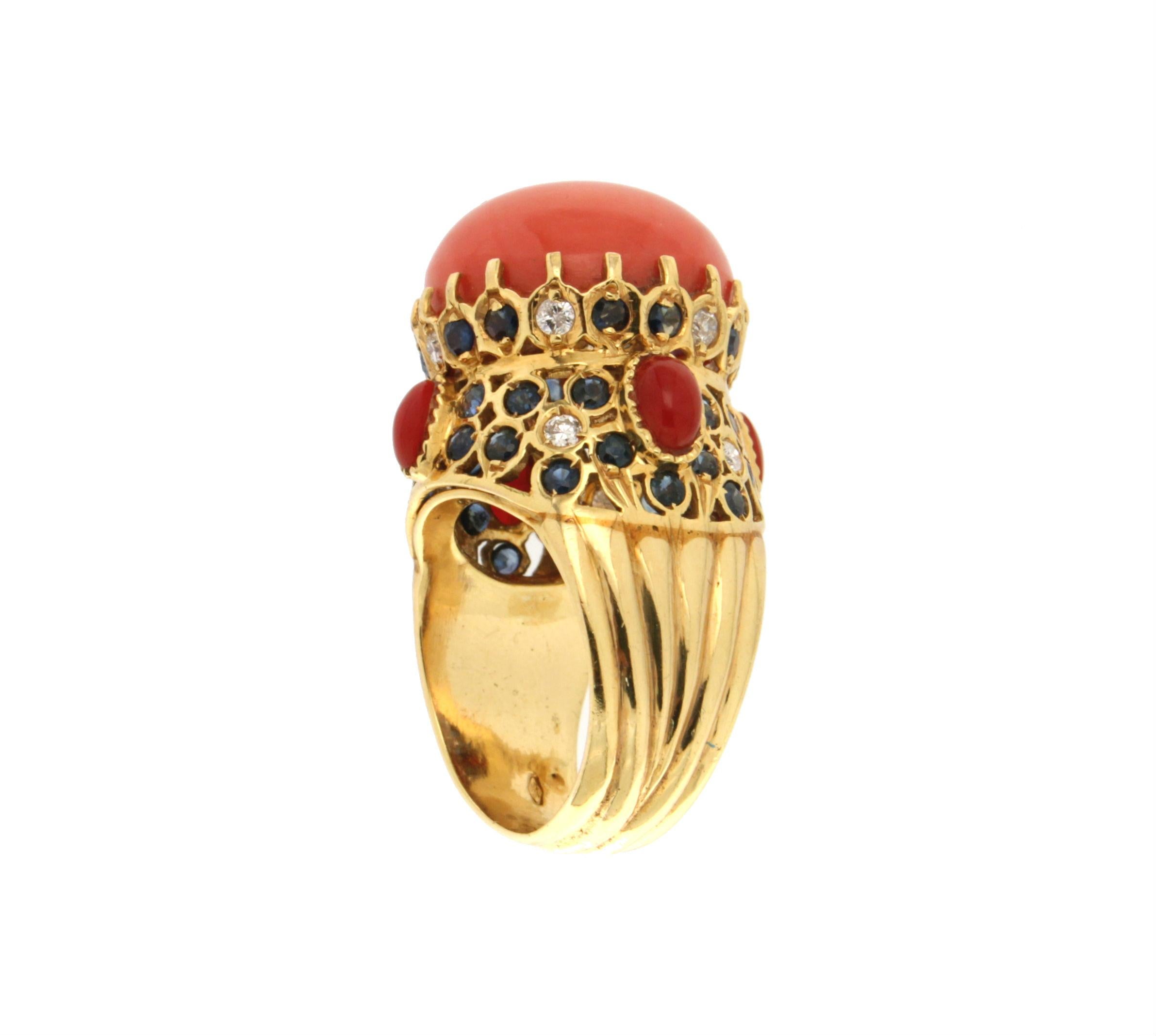 Women's Handcraft Coral 14 Karat Yellow Gold Sapphires Diamonds Cocktail Ring