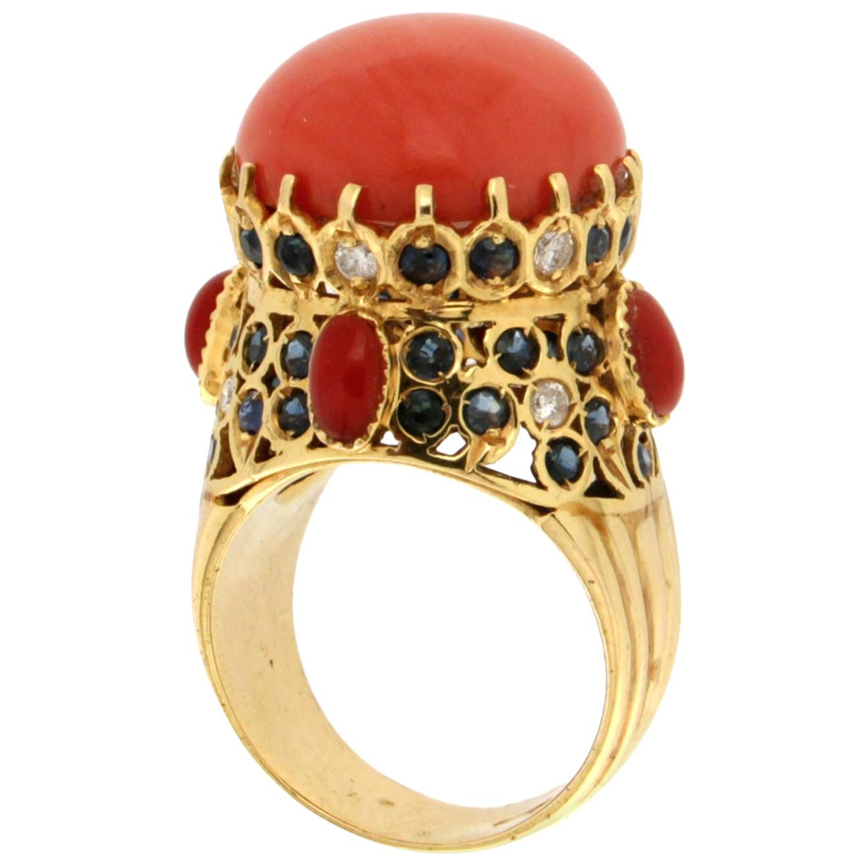 Handcraft Coral 14 Karat Yellow Gold Sapphires Diamonds Cocktail Ring