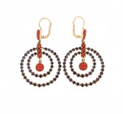 Handcraft Coral 14 Karat Yellow Gold Sapphires Drop Earrings