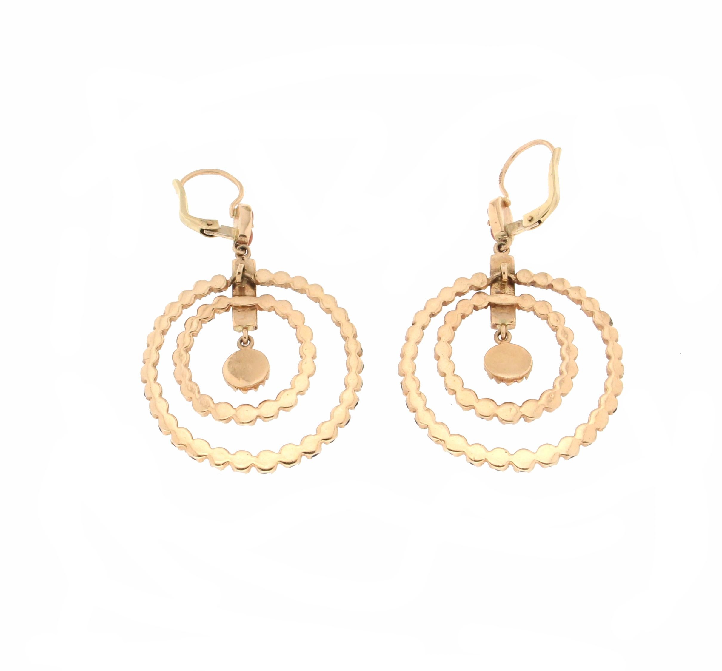 Artisan Handcraft Coral 14 Karat Yellow Gold Sapphires Drop Earrings For Sale