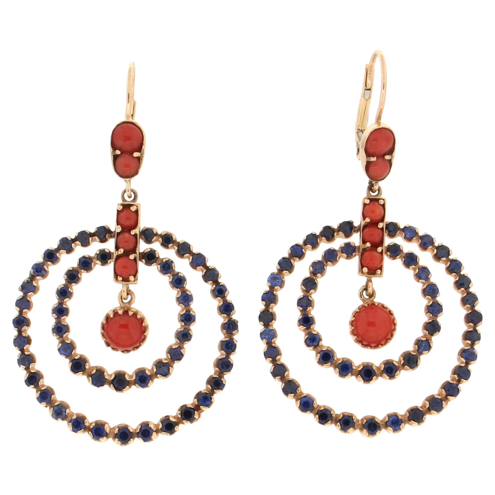 Handcraft Coral 14 Karat Yellow Gold Sapphires Drop Earrings