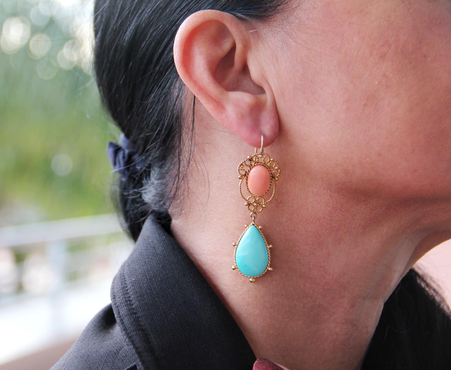 Handcraft Coral 14 Karat Yellow Gold Turquoise Drop Earrings In New Condition In Marcianise, IT