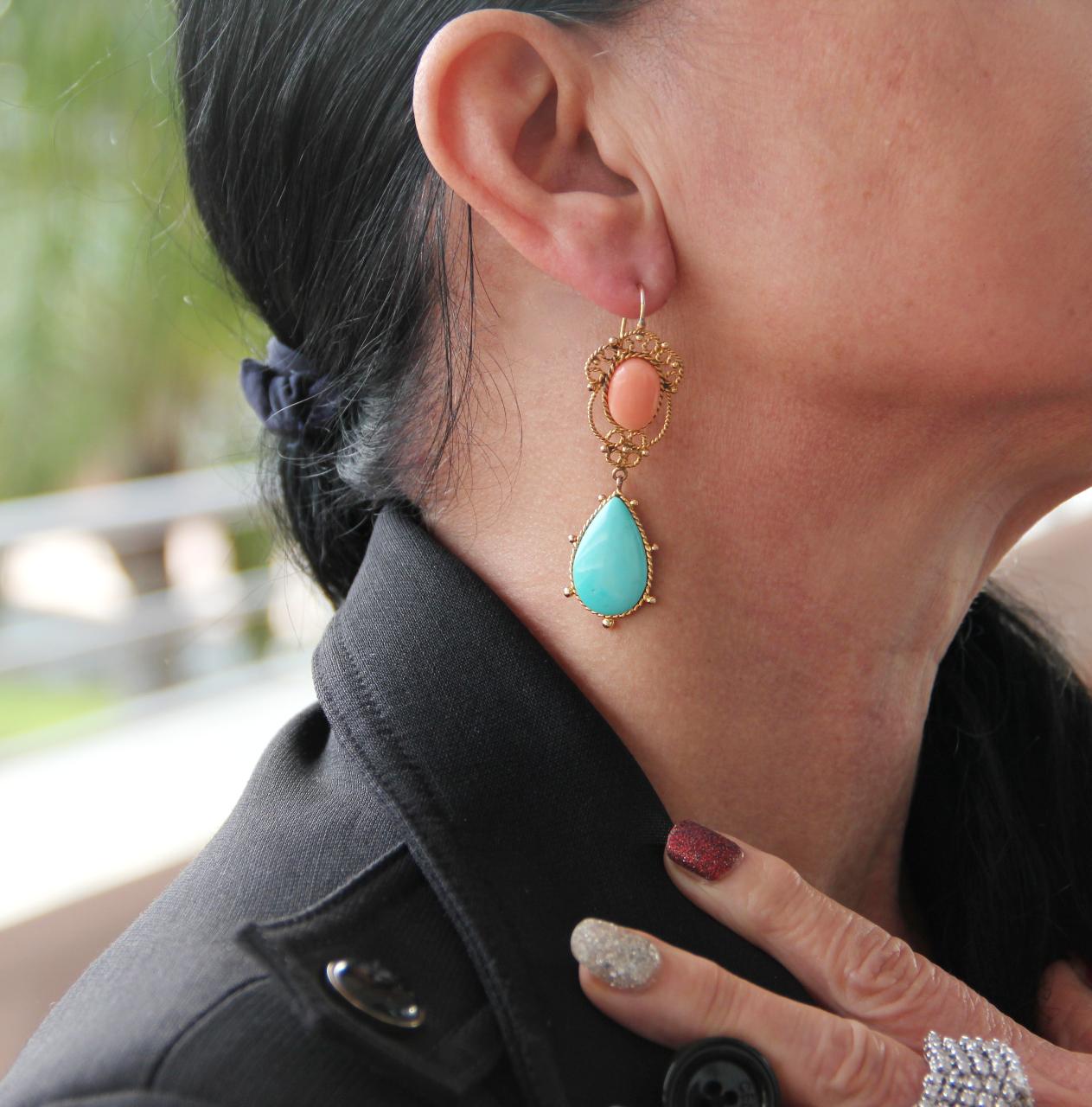 Women's or Men's Handcraft Coral 14 Karat Yellow Gold Turquoise Drop Earrings