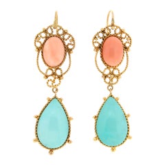 Handcraft Coral 14 Karat Yellow Gold Turquoise Drop Earrings