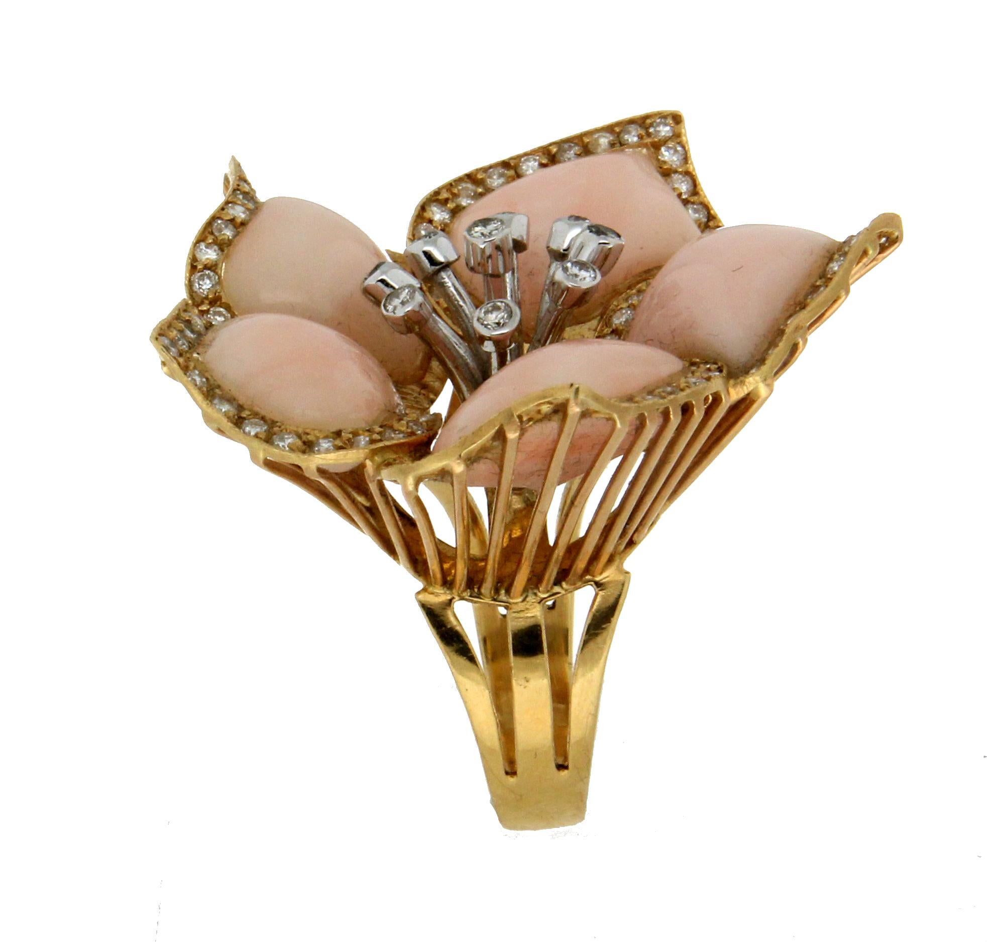Artisan Handcraft Coral 18 Karat Gold Diamonds Flower Cocktail Ring For Sale