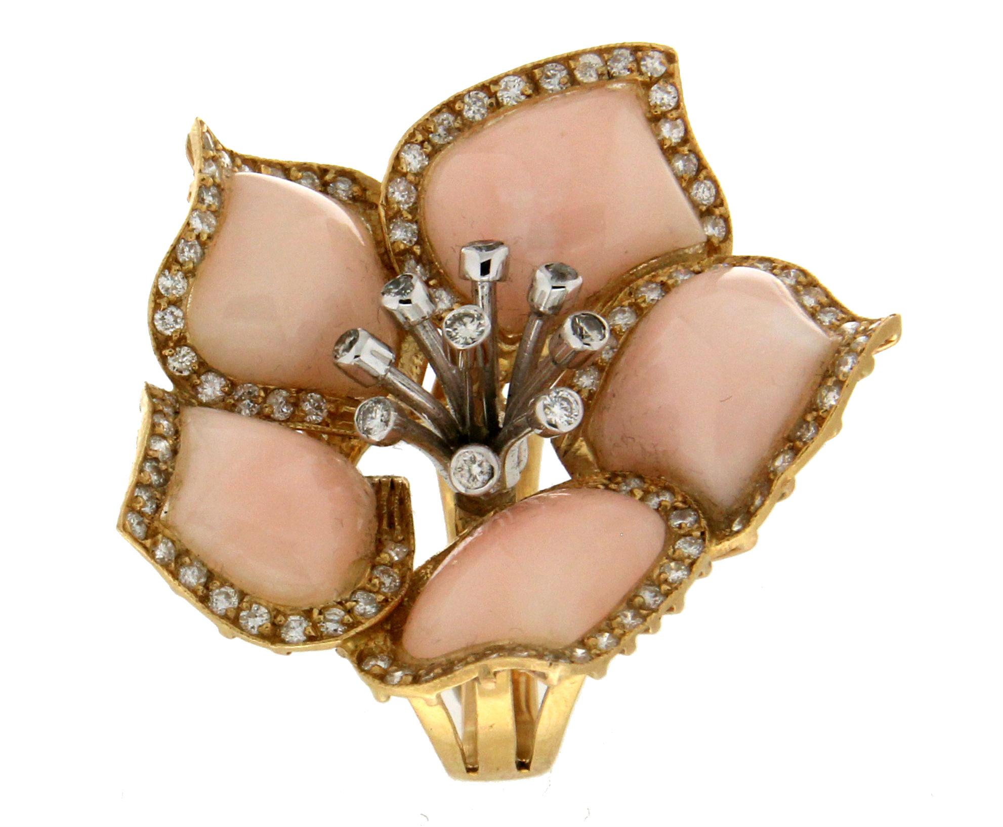 Brilliant Cut Handcraft Coral 18 Karat Gold Diamonds Flower Cocktail Ring For Sale