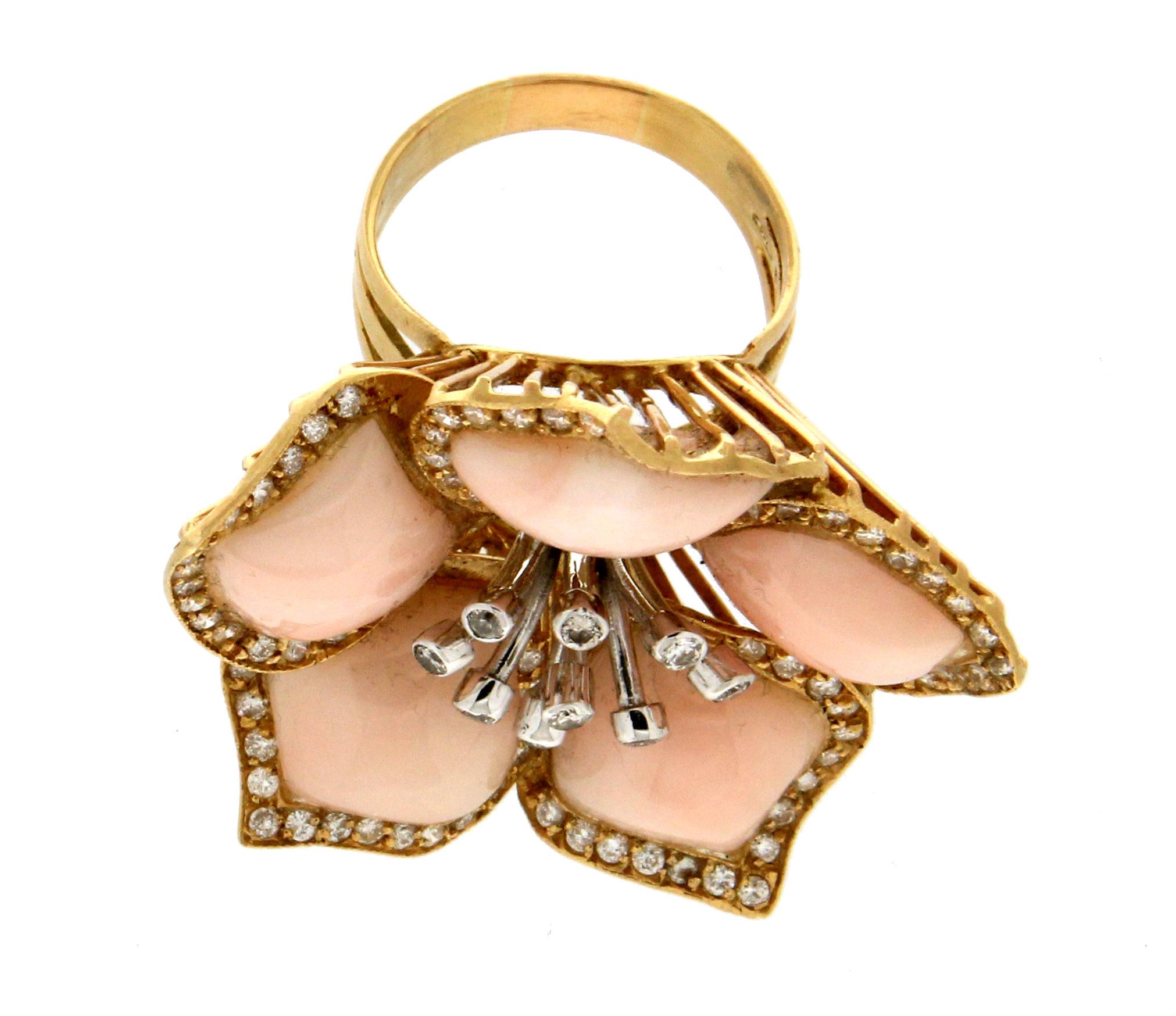 Women's Handcraft Coral 18 Karat Gold Diamonds Flower Cocktail Ring For Sale