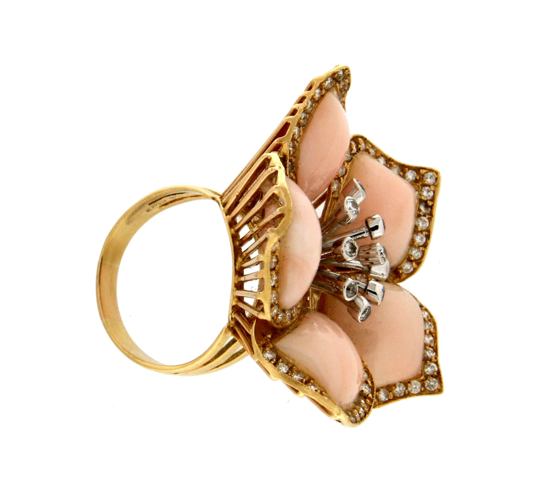 Handcraft Coral 18 Karat Gold Diamonds Flower Cocktail Ring For Sale 1