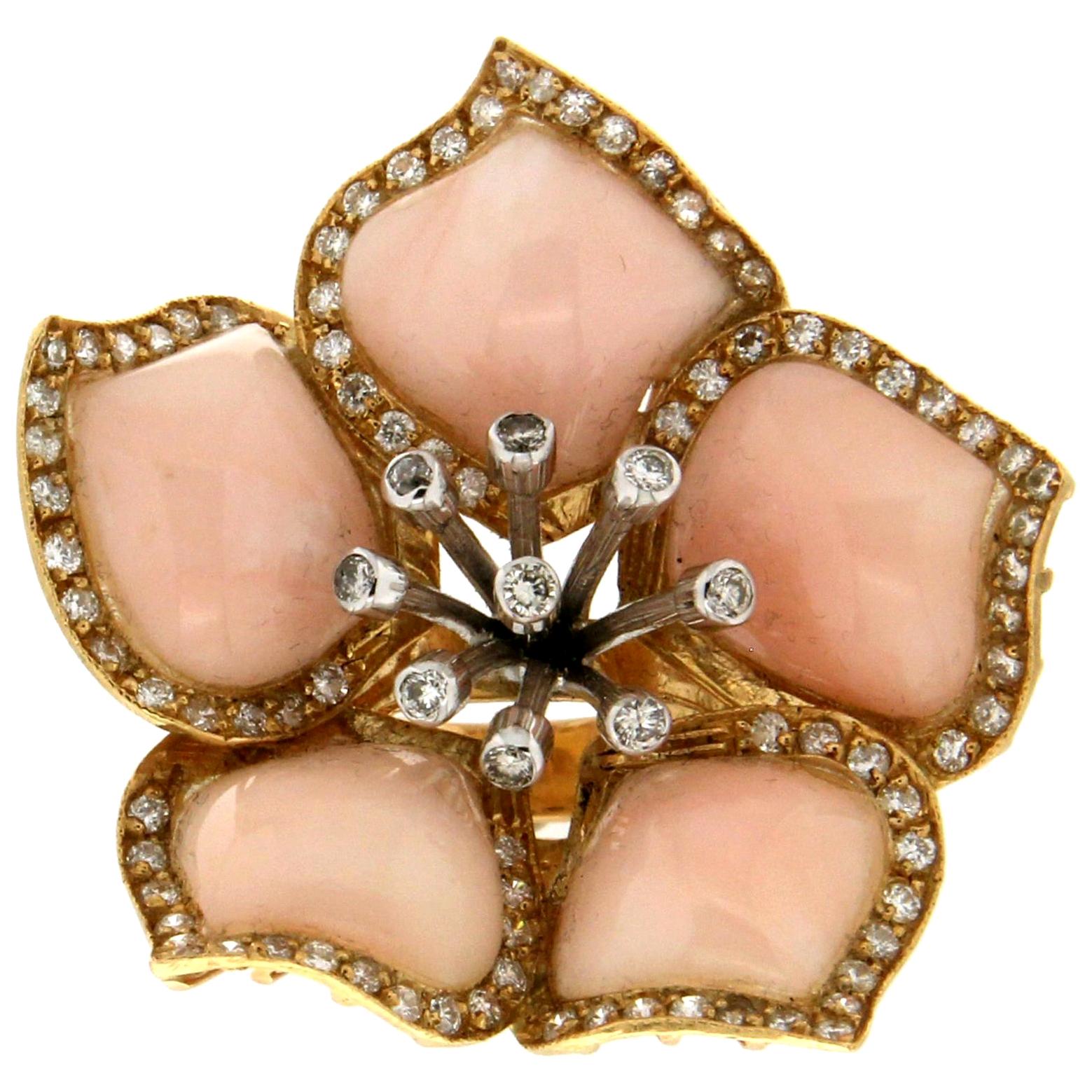 Handcraft Coral 18 Karat Gold Diamonds Flower Cocktail Ring For Sale