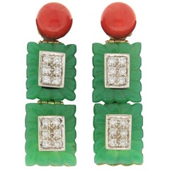Handcraft Coral 18 Karat White and Yellow Gold Jade Diamonds Drop Earrings