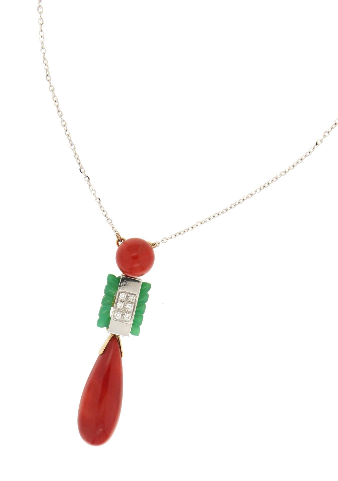 Artisan Handcraft Coral 18 Karat White and Yellow Gold Jade Diamonds Drop Necklace For Sale