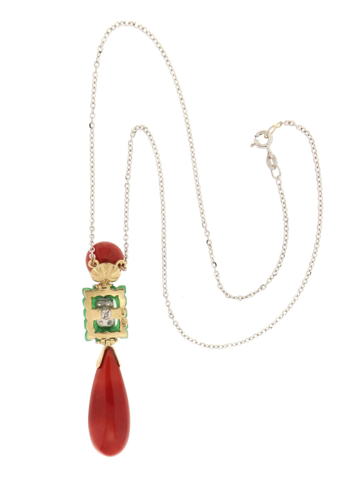 Mixed Cut Handcraft Coral 18 Karat White and Yellow Gold Jade Diamonds Drop Necklace For Sale