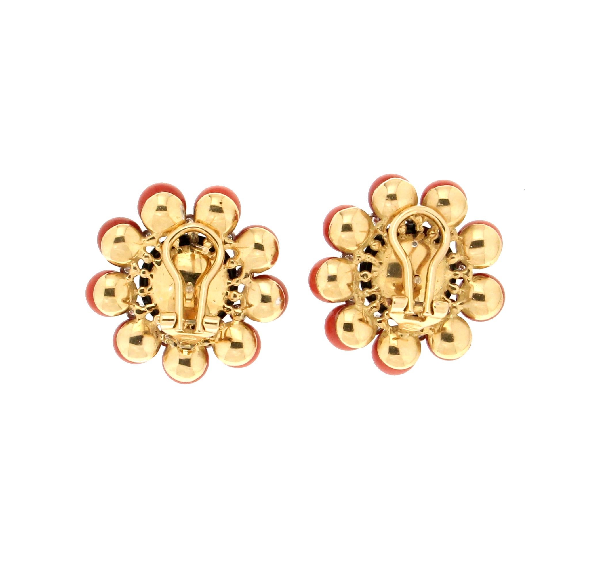 Women's or Men's Handcraft Coral 18 Karat White and Yellow Gold Onyx Diamonds Stud Earrings For Sale