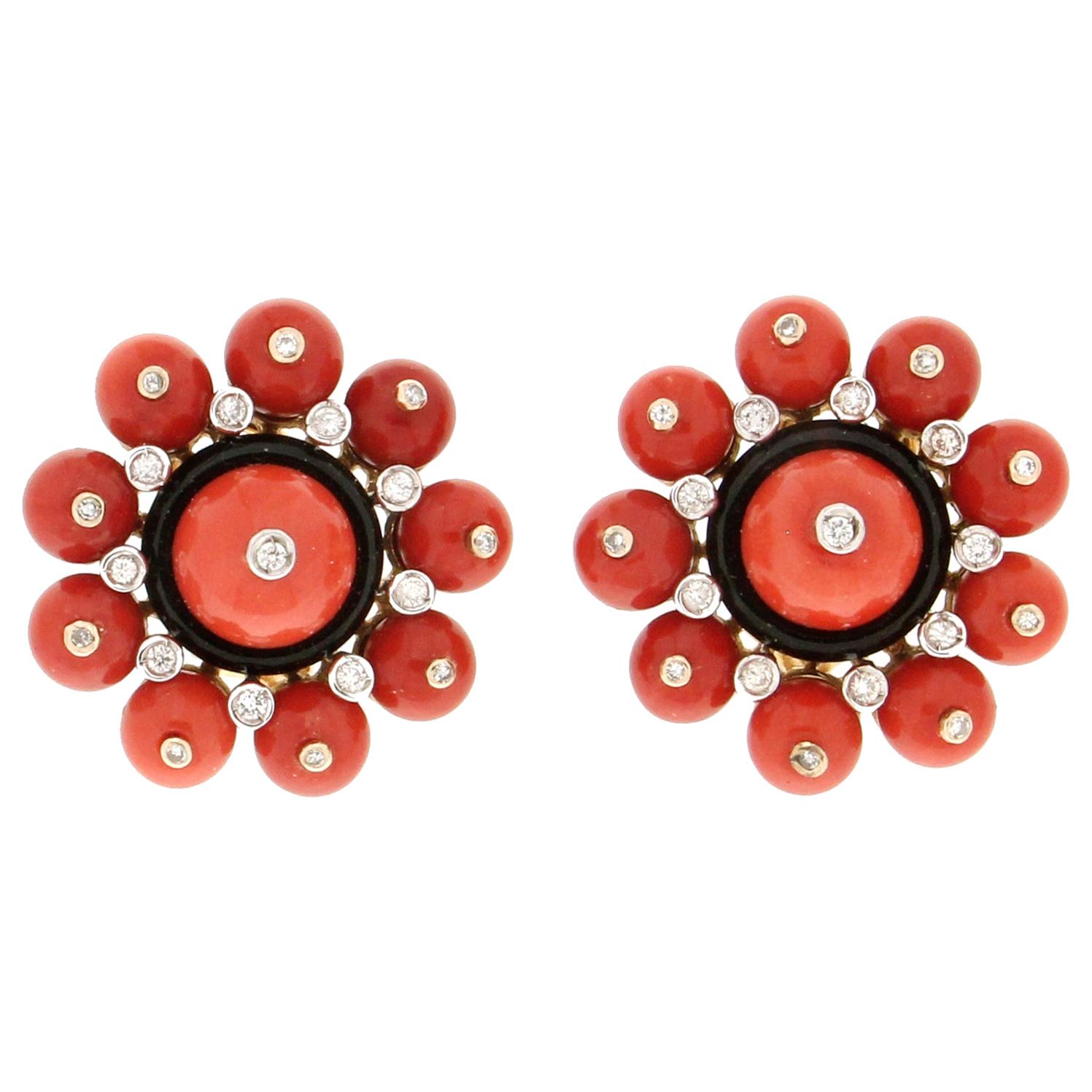Handcraft Coral 18 Karat White and Yellow Gold Onyx Diamonds Stud Earrings For Sale