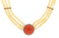 Handcraft Coral 18 Karat White and Yellow Gold Opals Diamonds Pendant Necklace