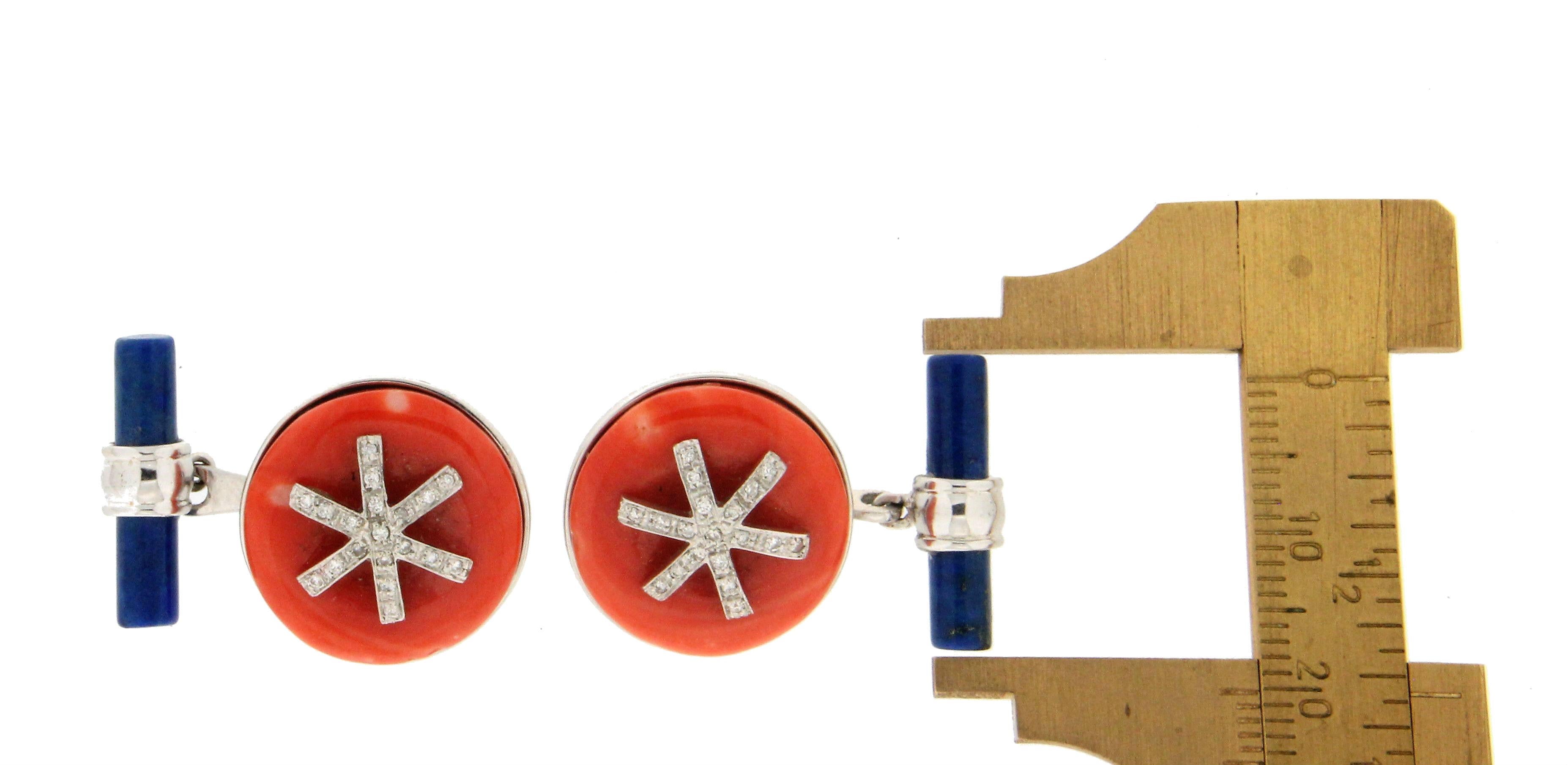 Artisan Handcraft Coral 18 Karat White Gold Diamonds and Lapis Lazuli Barrels Cufflinks For Sale