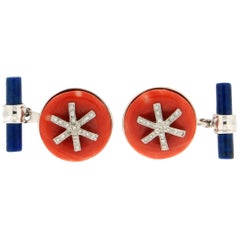 Handcraft Coral 18 Karat White Gold Diamonds and Lapis Lazuli Barrels Cufflinks