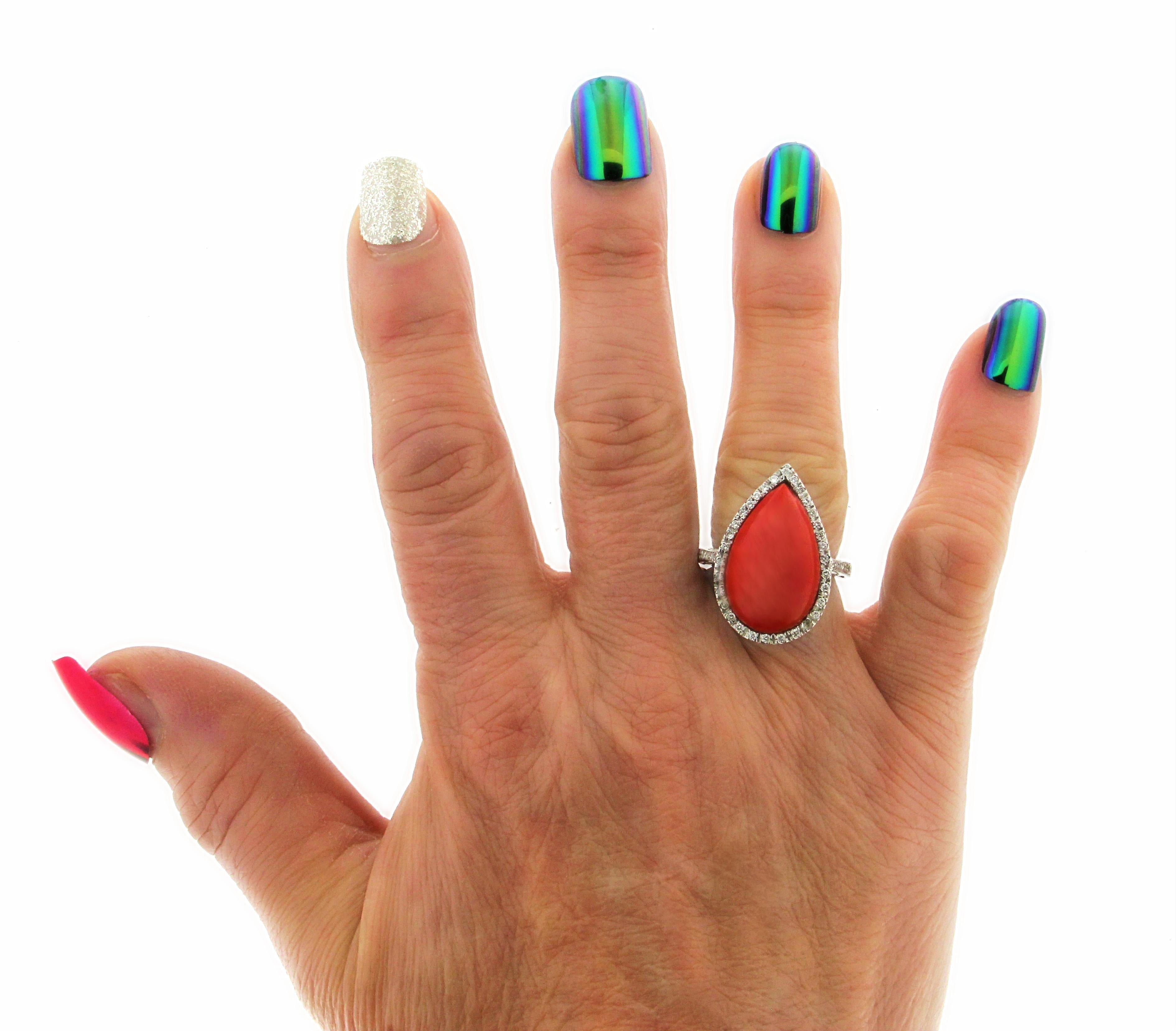 Handcraft Coral 18 Karat White Gold Diamonds Cocktail Ring For Sale 4