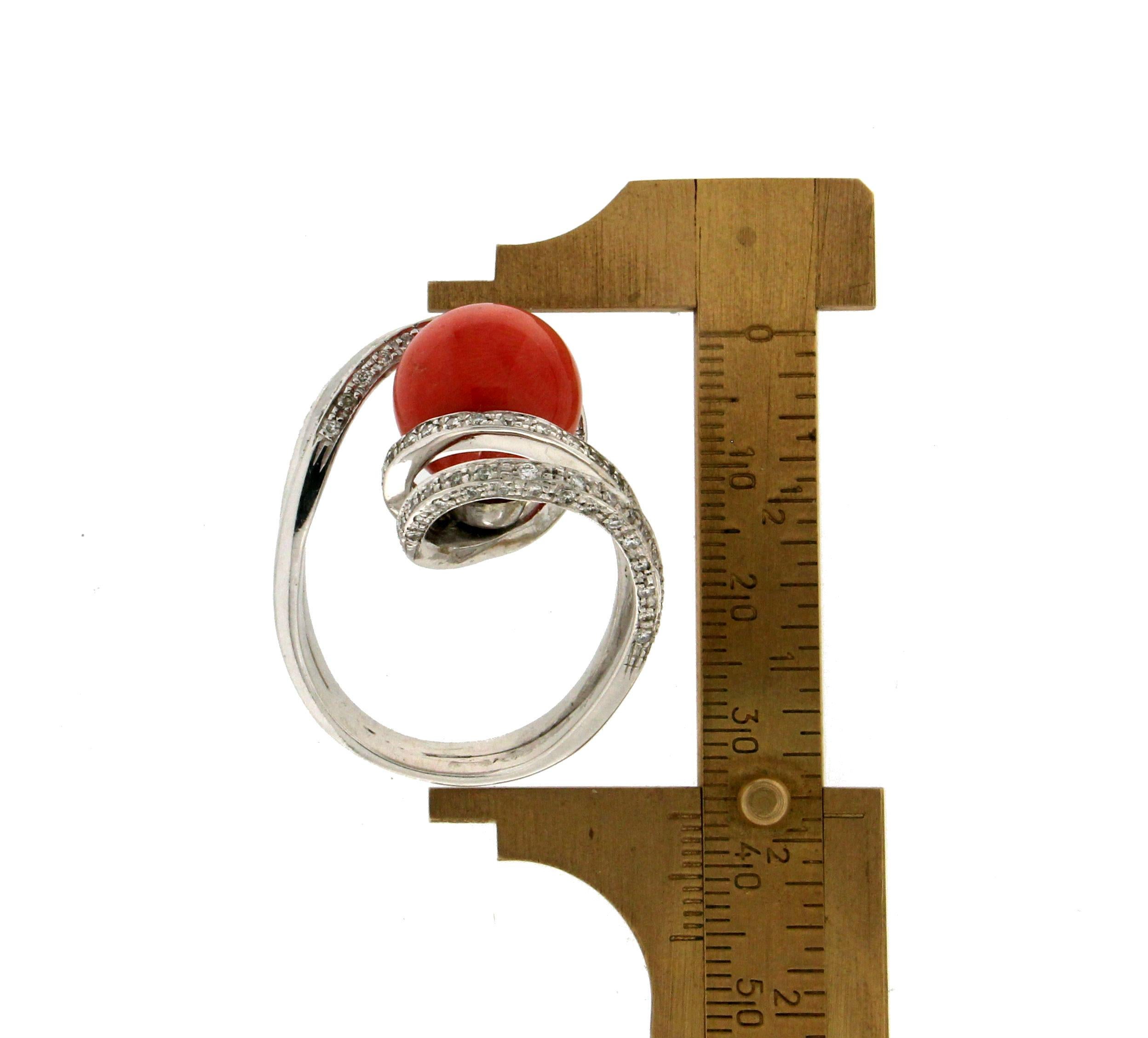 Handcraft Coral 18 Karat White Gold Diamonds Cocktail Ring For Sale 5