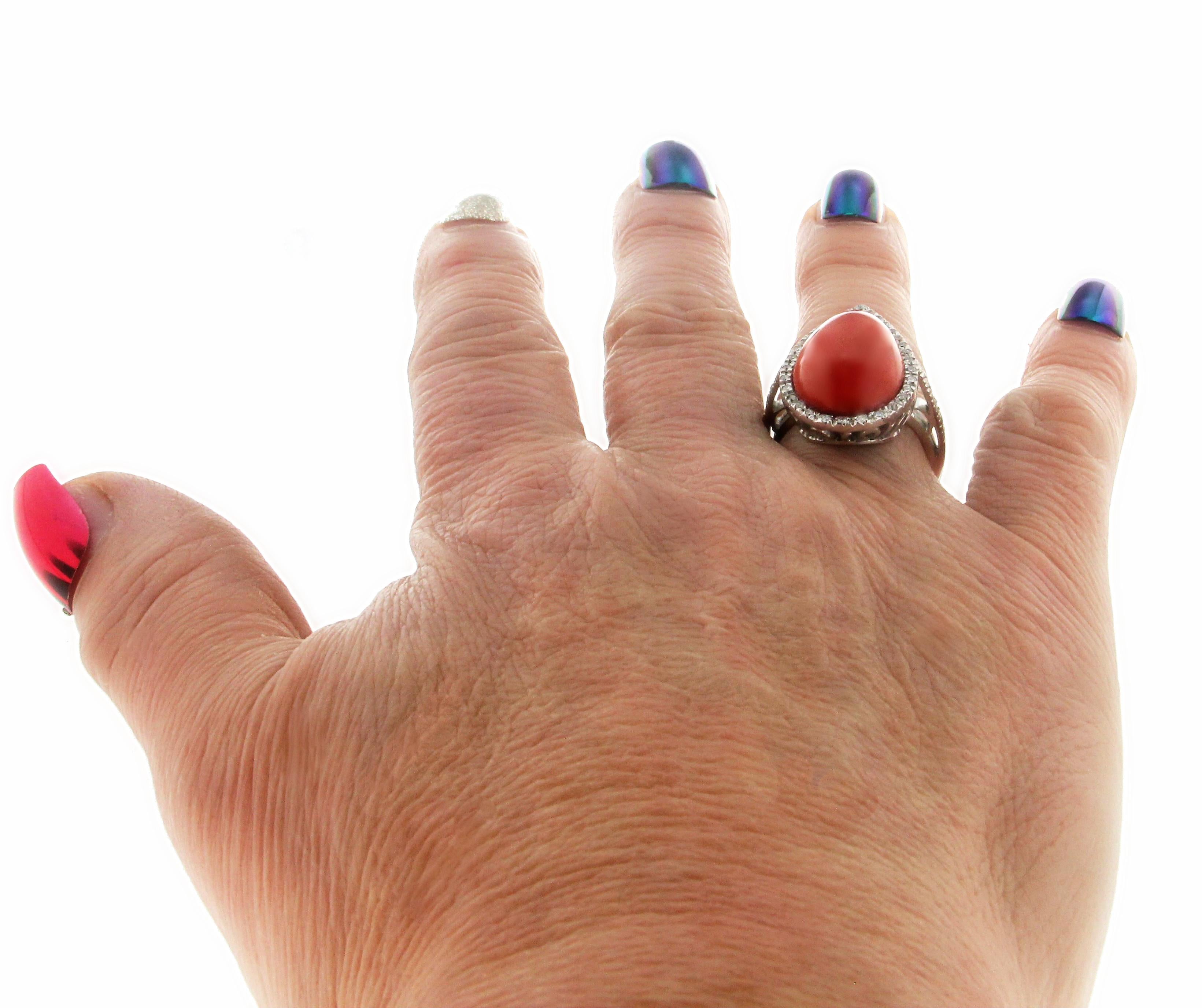 Handcraft Coral 18 Karat White Gold Diamonds Cocktail Ring For Sale 5